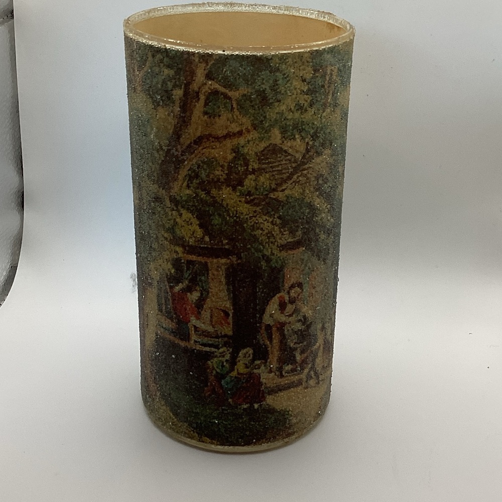Vtg Sugar Frosted Glass Pillar Candle Jar 7" Landscape Scene